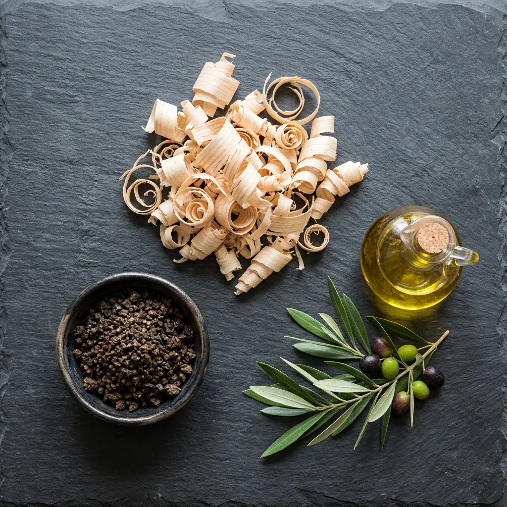 مكونات طبيعية: نشارة خشب، جفت زيتون، زيت نباتي وأوراق زيتون